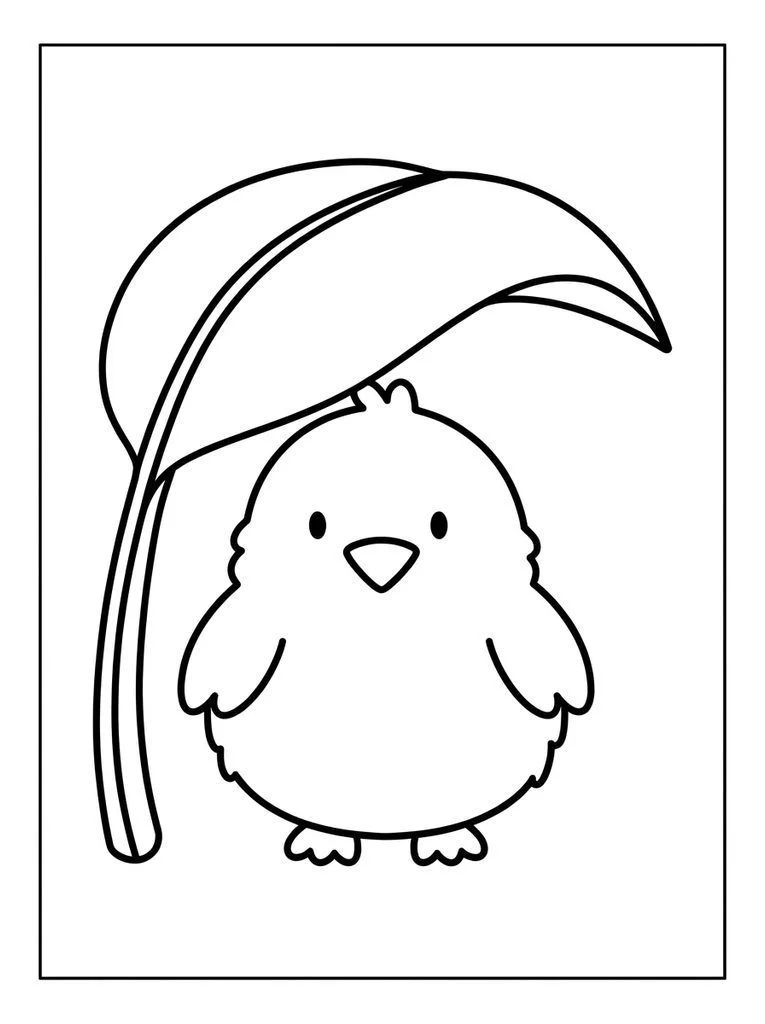 Chick coloring page sheltering beneath one large curved leaf.
