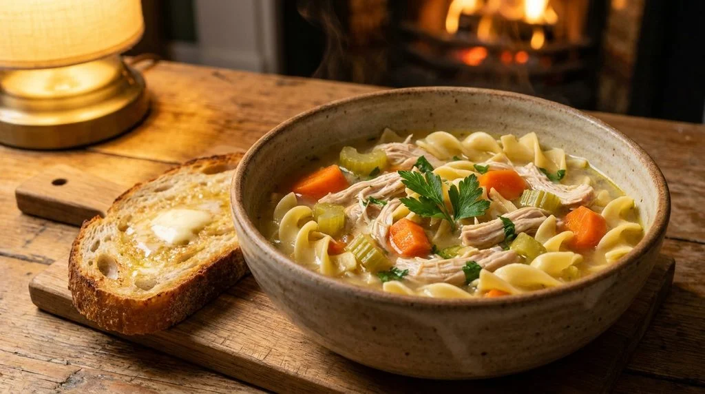 A bowl of Instant Pot chicken noodle soup, a comforting kid-friendly dinner