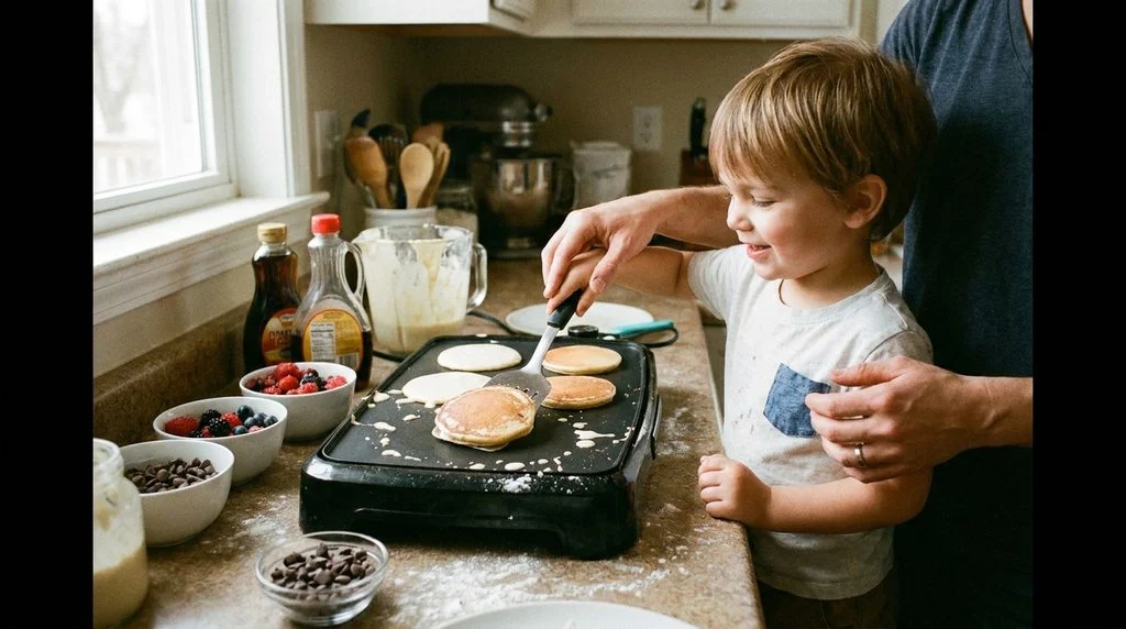 Child helping make pancakes on a griddle.