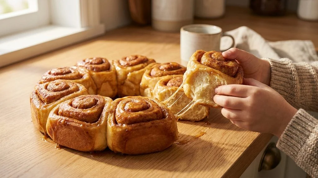 Cinnamon rolls being pulled apart, showing sticky glaze.