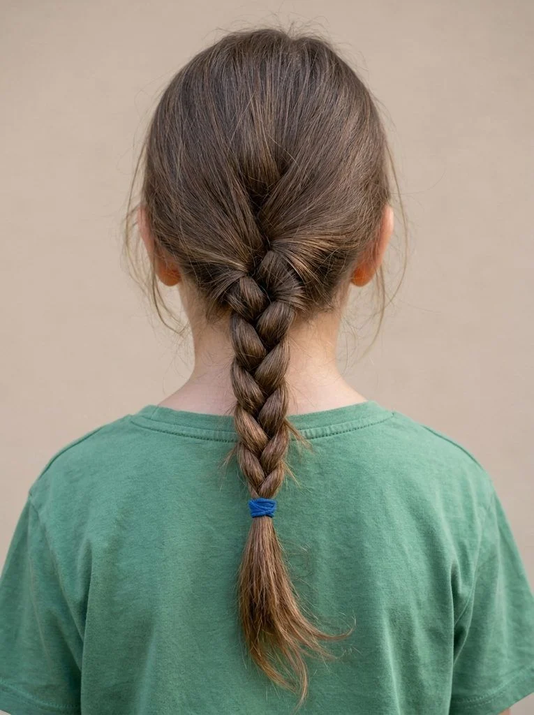 Loose three-strand side braid resting over a child’s right shoulder.