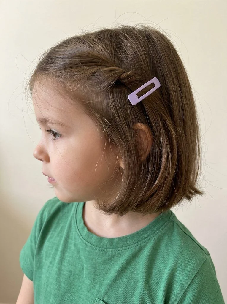 Side twist clipped above the ear on a short chestnut bob.