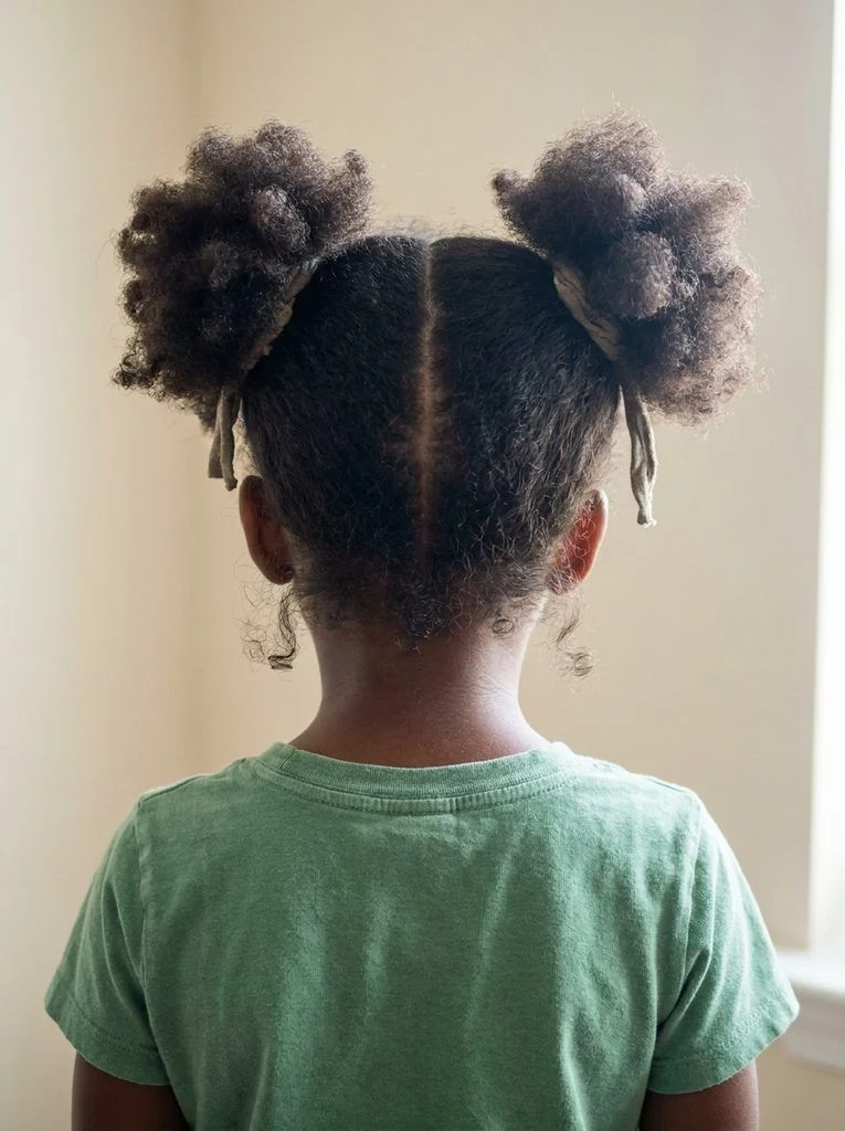 Two soft puffs on natural coily hair with a simple center part.