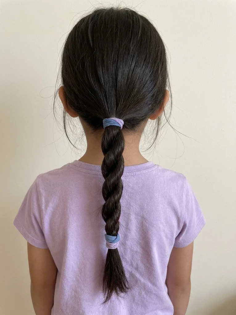 Low ponytail styled into a two-strand rope twist.