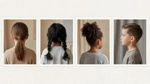 Four easy kids hairstyles: a low ponytail, two braids, a high puff, and a short side part.