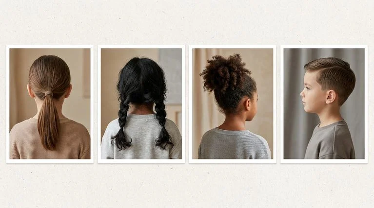 Four easy kids hairstyles: a low ponytail, two braids, a high puff, and a short side part.