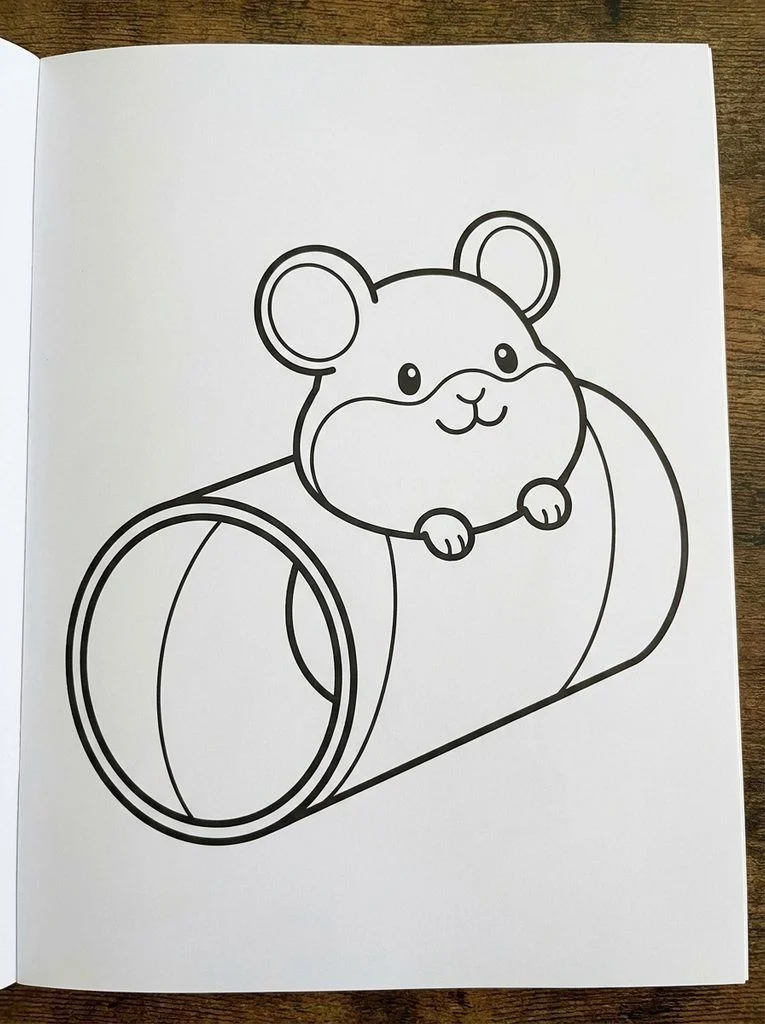 Hamster coloring page peeking out of a wide cardboard tunnel.