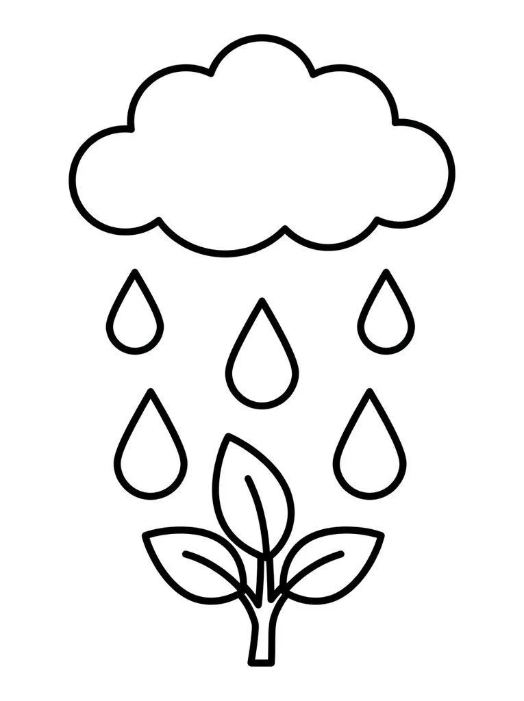 Rain cloud coloring page watering a small plant with three leaves.