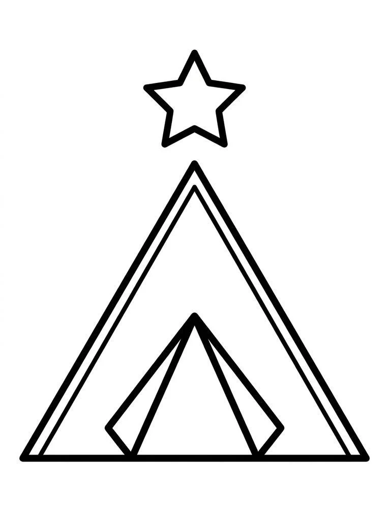 Camping tent coloring page with a triangular doorway and one star above.