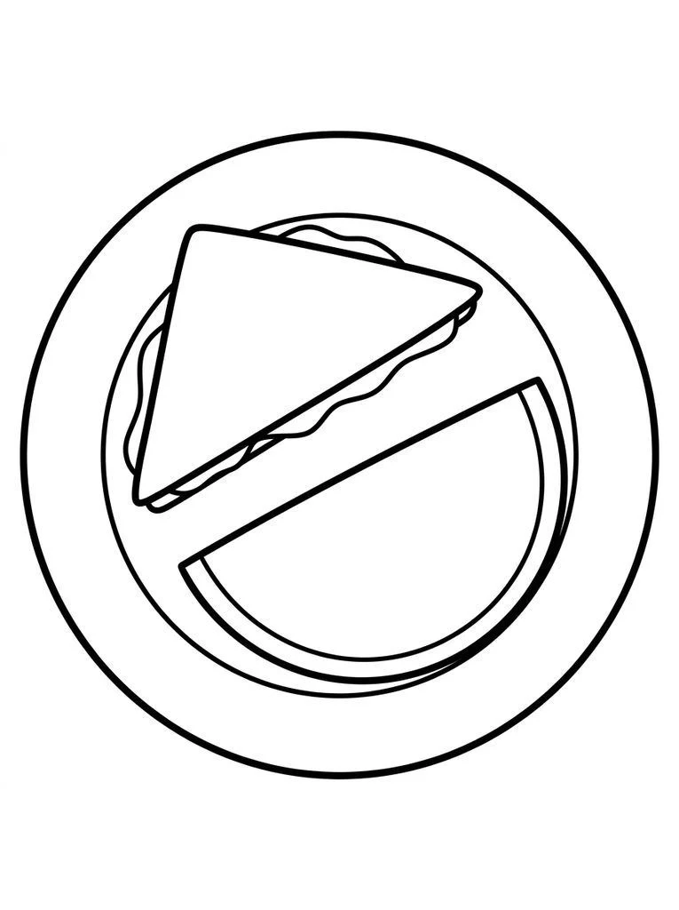 Picnic plate coloring page with a triangular sandwich and watermelon slice.