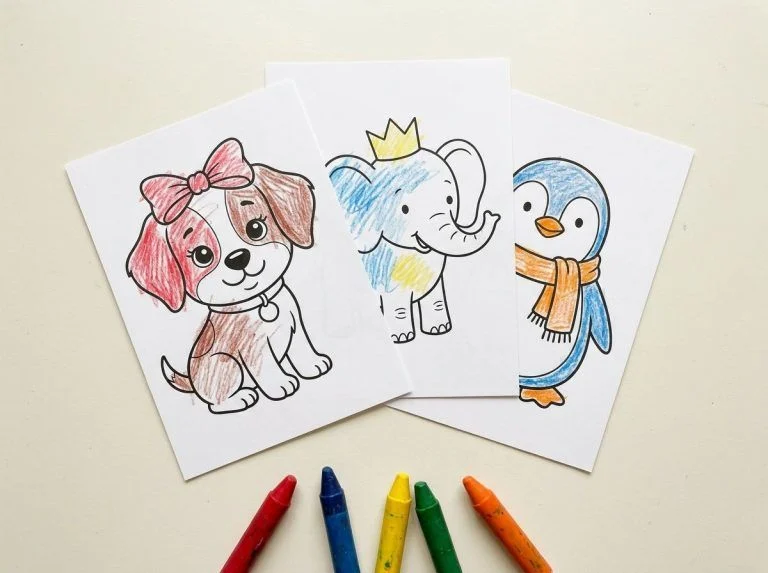 Crayons beside partly colored puppy, elephant, and penguin coloring sheets.