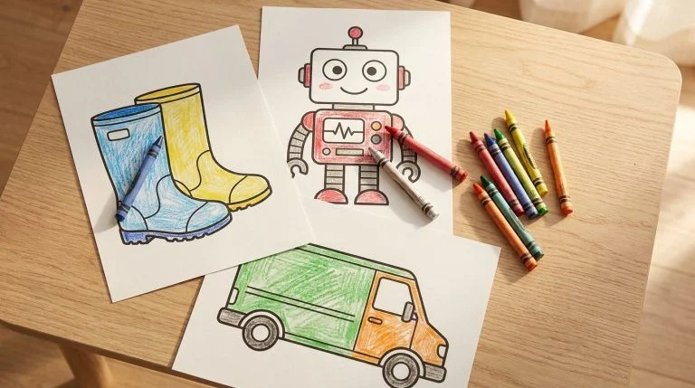 Crayons beside partly colored rain boot, robot, and delivery van coloring sheets.