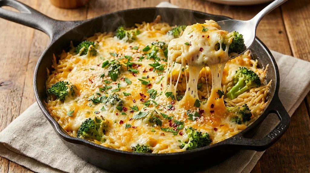 Overhead view of cheesy broccoli cheddar orzo in a skillet with melted cheese.