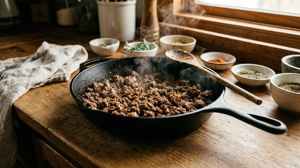 Close-up of browned ground beef cooking in a skillet with a wooden spoon.