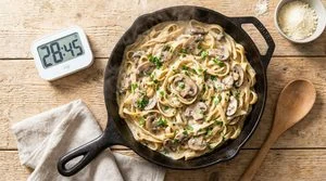 Overhead view of a creamy skillet pasta dinner next to a timer showing under 30 minutes.