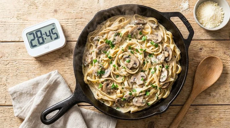 Overhead view of a creamy skillet pasta dinner next to a timer showing under 30 minutes.