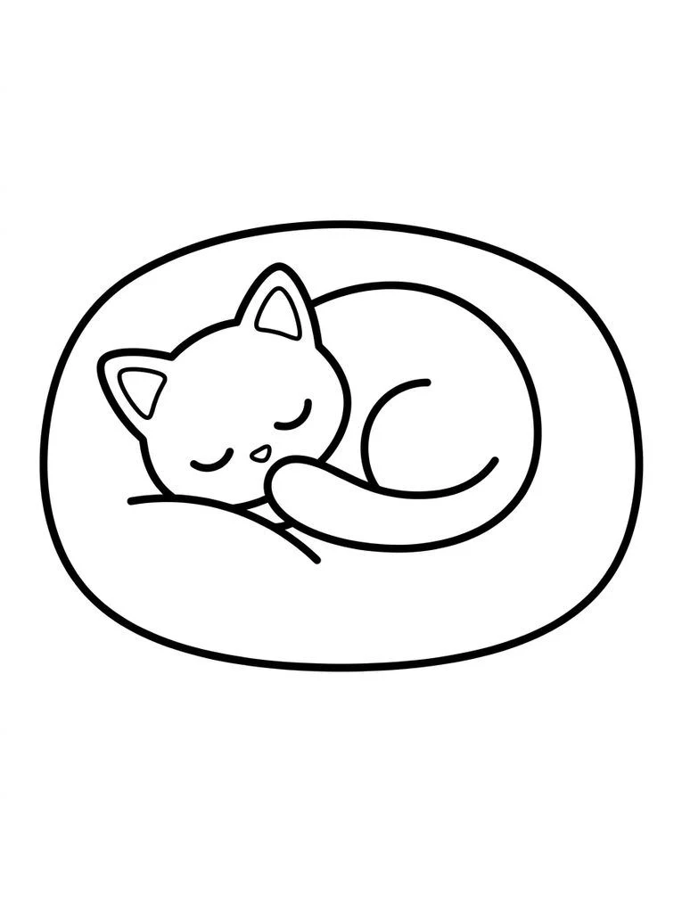 Sleeping kitten coloring page curled on a large plain cushion.