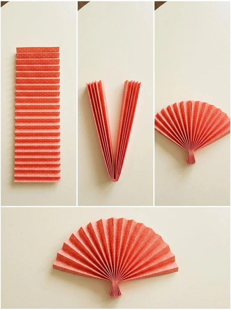 Accordion-folded paper, the bundle folded in half, and the opened semicircular fan.