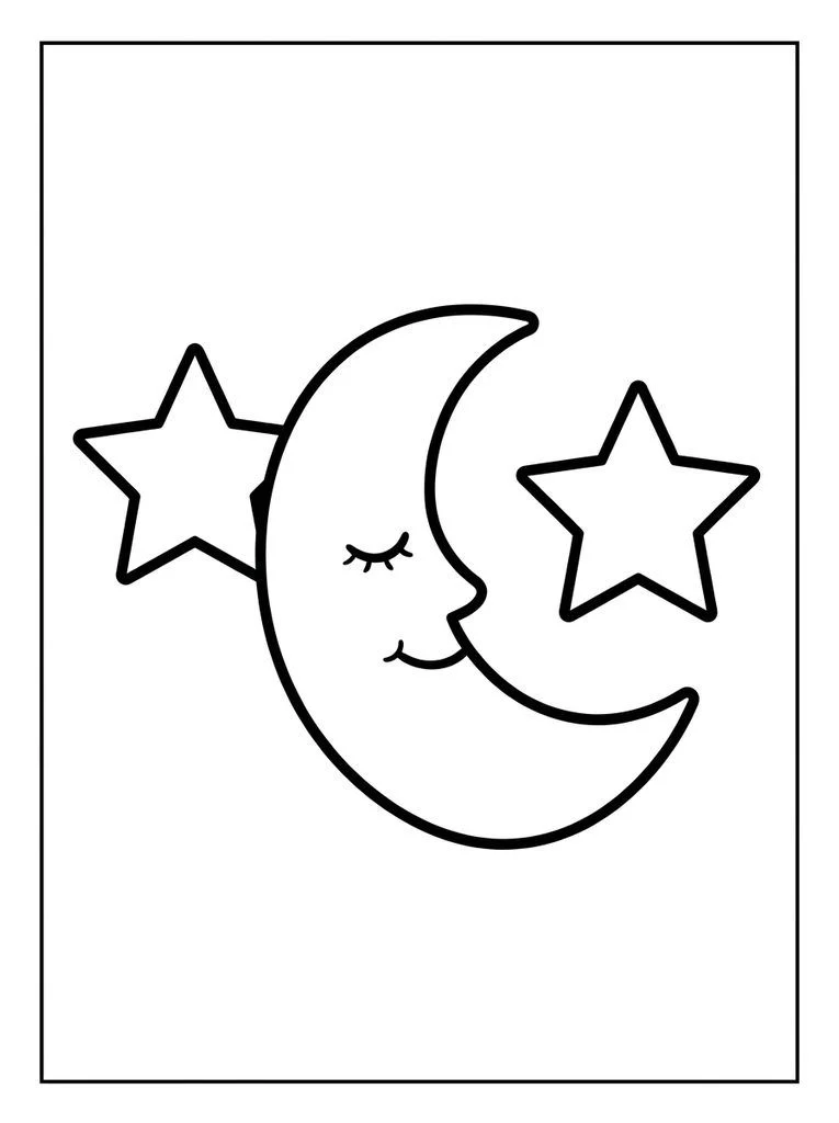 Sleepy crescent moon coloring page with two large stars.
