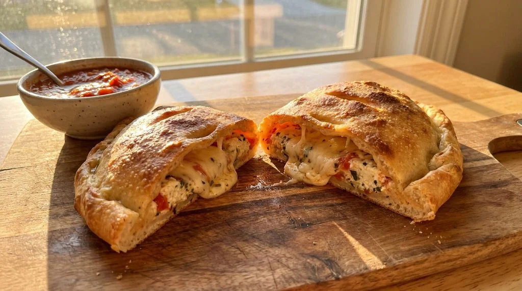 A calzone cut in half showing a cheesy filling, a hands-on kid-friendly dinner