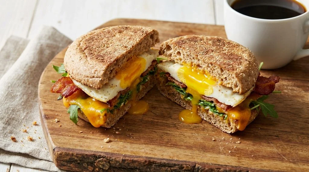 English muffin breakfast sandwich with egg and cheese.