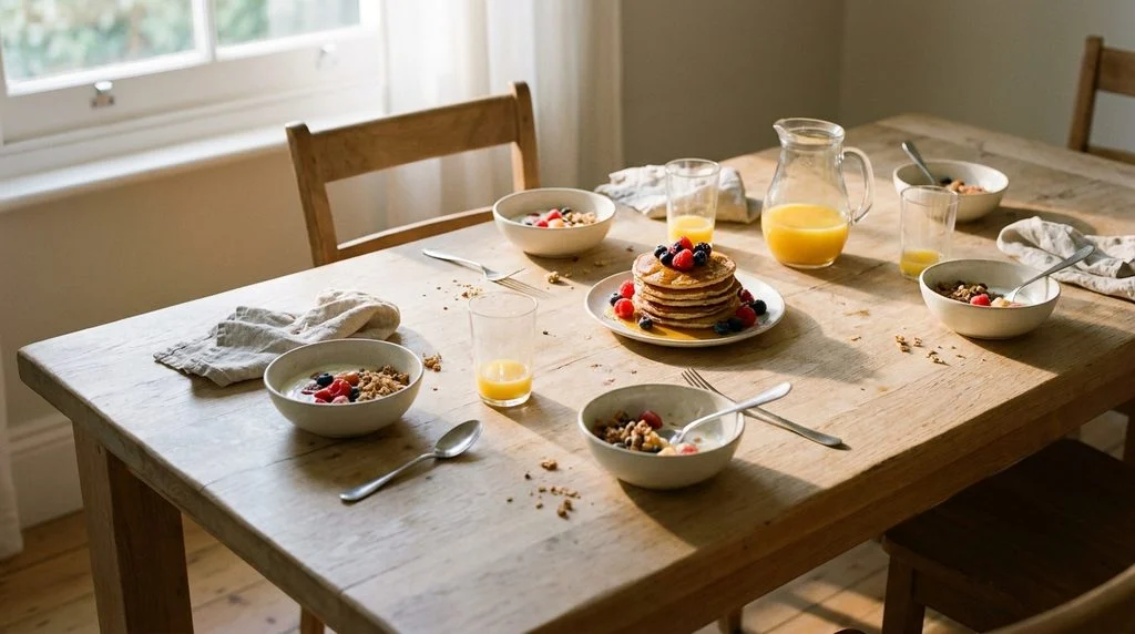 Family breakfast table with pancakes, fruit, and yogurt.