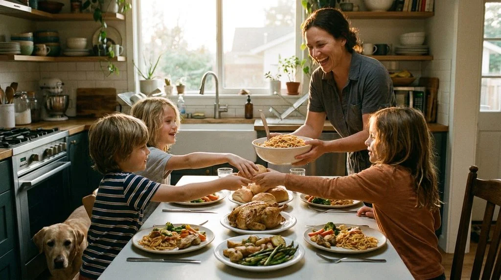 Family gathered around a dinner table sharing a simple home-cooked meal in the evening.