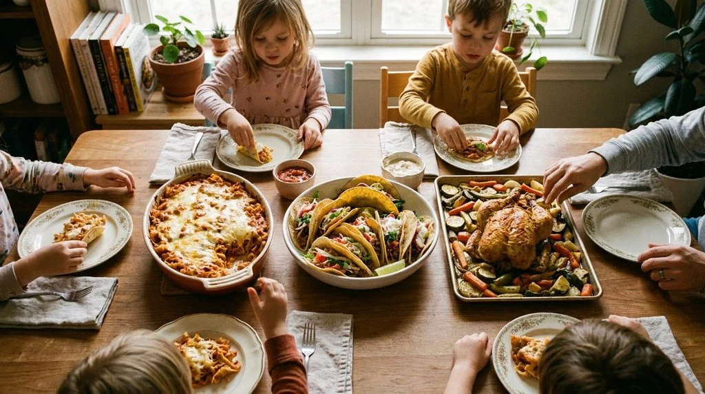 Overhead view of a family dinner table with pasta bake, tacos, and sheet-pan chicken, with kids' hands reaching for food.