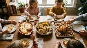 Overhead view of a family dinner table with pasta bake, tacos, and sheet-pan chicken, with kids' hands reaching for food.