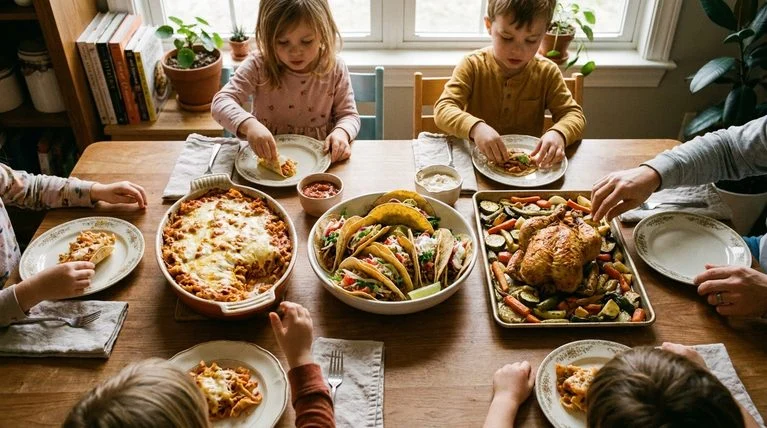 Overhead view of a family dinner table with pasta bake, tacos, and sheet-pan chicken, with kids' hands reaching for food.