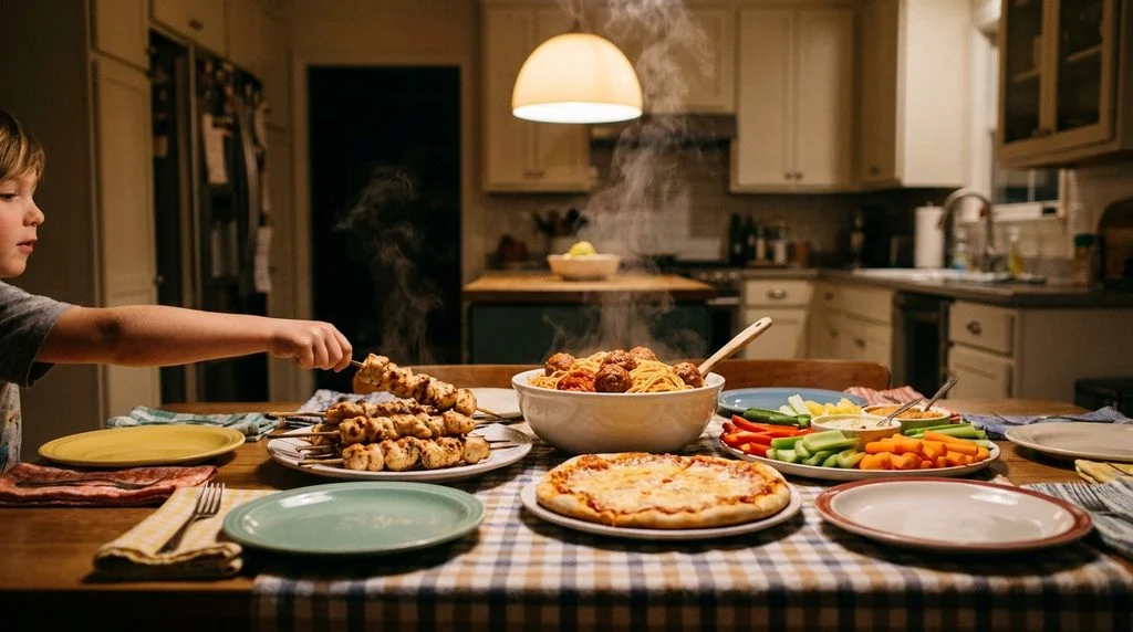 A family dinner table set with a variety of kid-friendly weeknight meals
