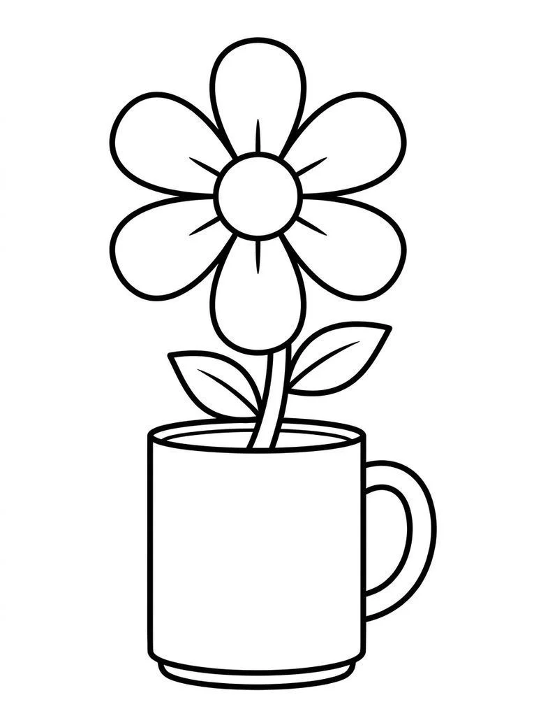 Flower coloring page with six broad petals growing from a plain mug.