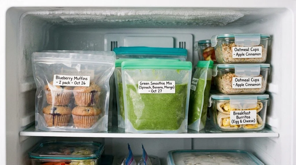 Labeled freezer bags with pre-portioned breakfast items.