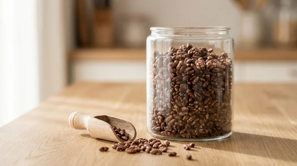 Jar of homemade cocoa pops cereal with scooper.