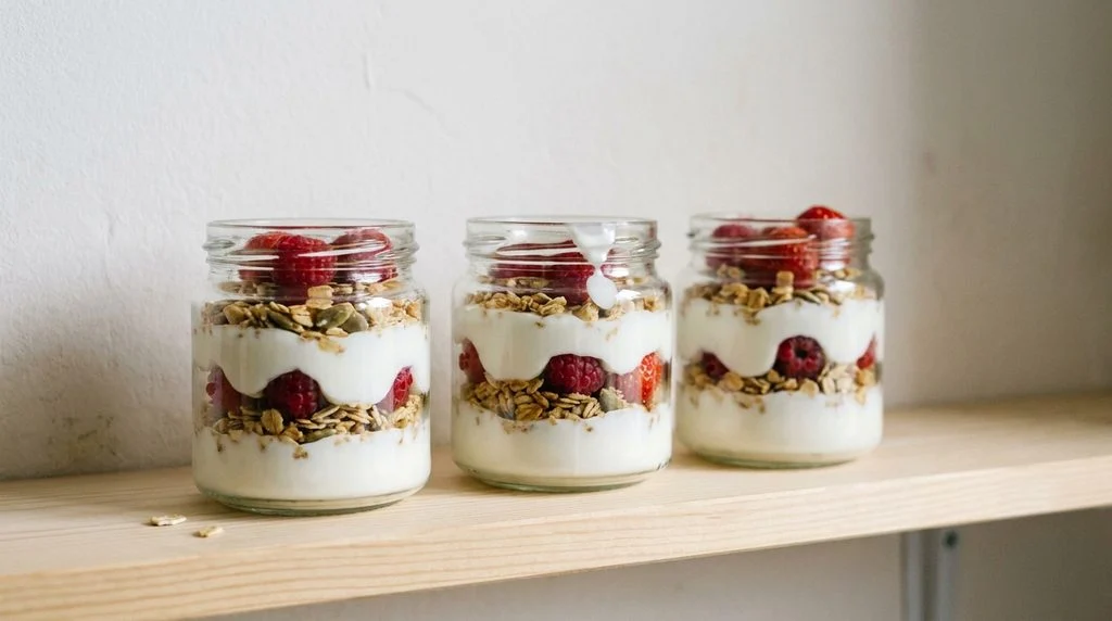 Layered berry and granola yogurt pots.