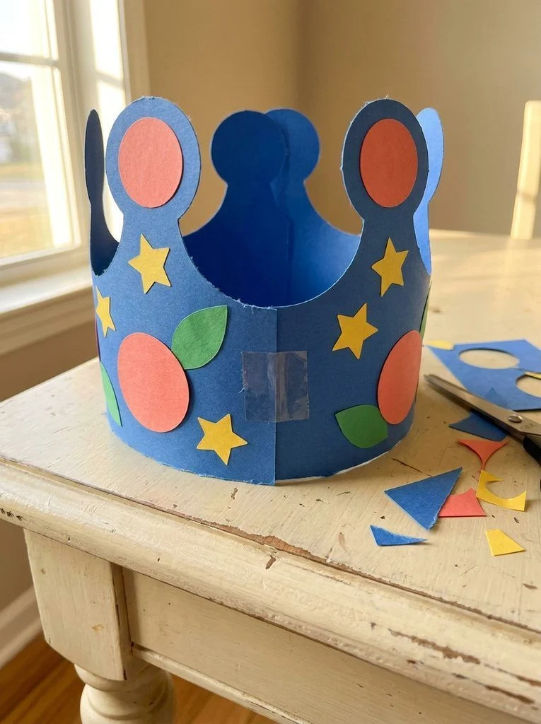 Blue paper crown decorated with flat stars, circles, and leaf shapes.