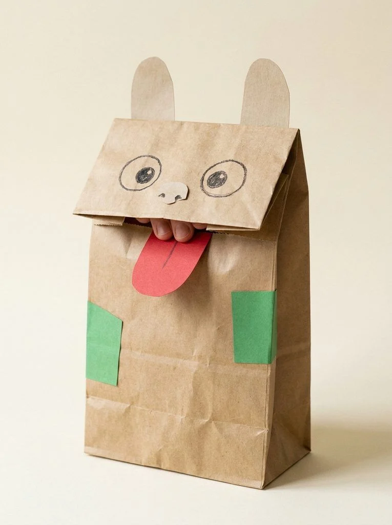 Paper-bag monster puppet with a lifting mouth flap and a red paper tongue.