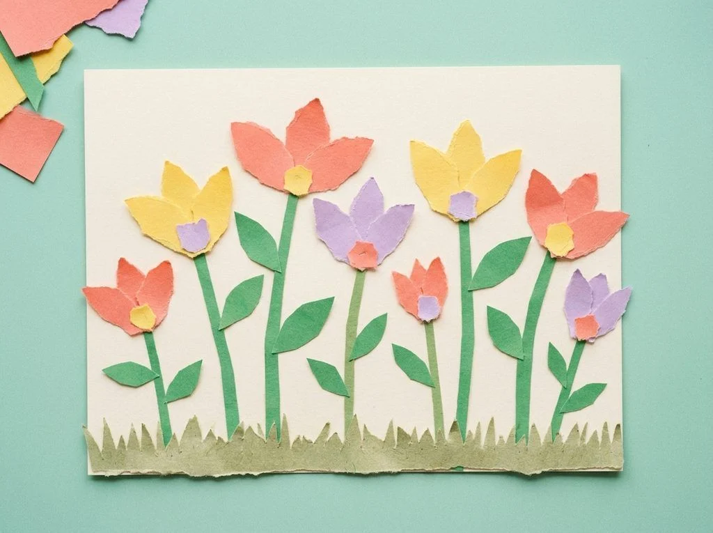 Torn-paper flowers with layered petals, green stems, and a strip of paper grass.