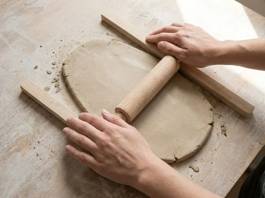 Hands rolling an even air-dry clay slab between wooden guides