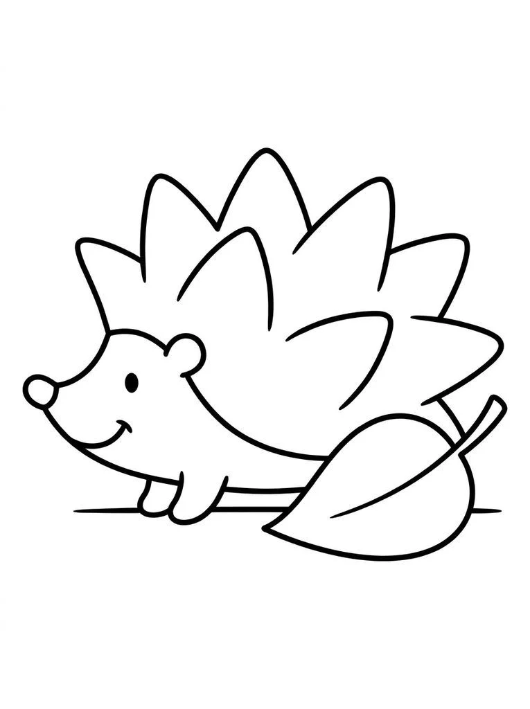 Hedgehog coloring page with broad spikes and a large leaf beside it.