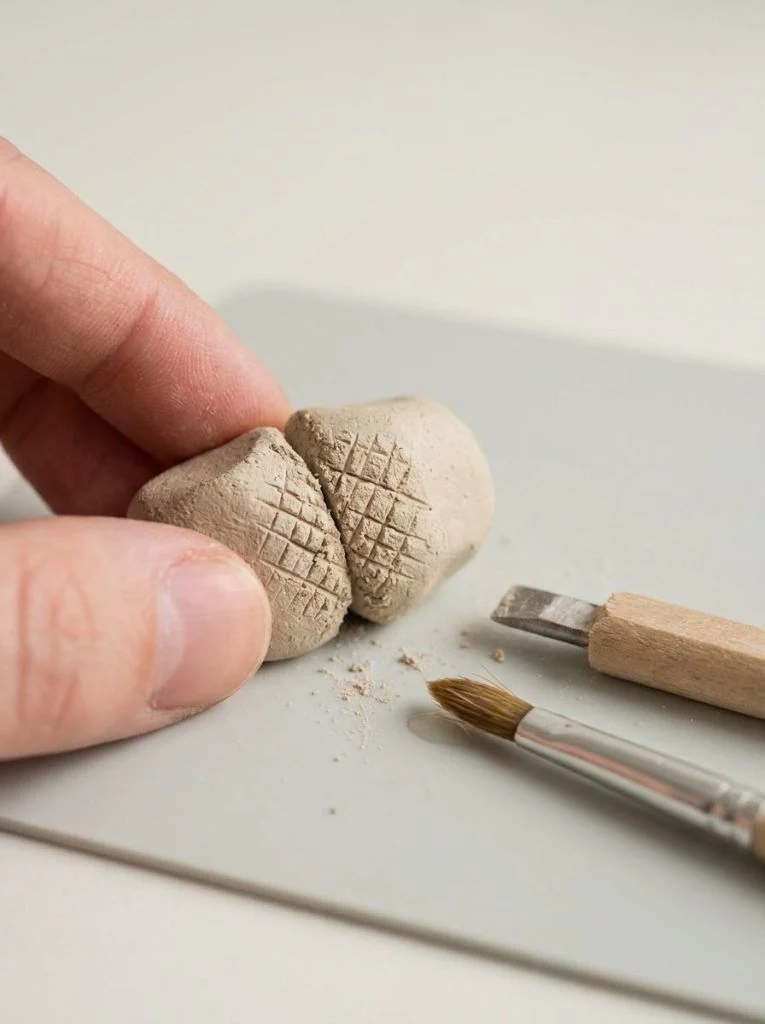 Scored air-dry clay surfaces being pressed together for a strong join