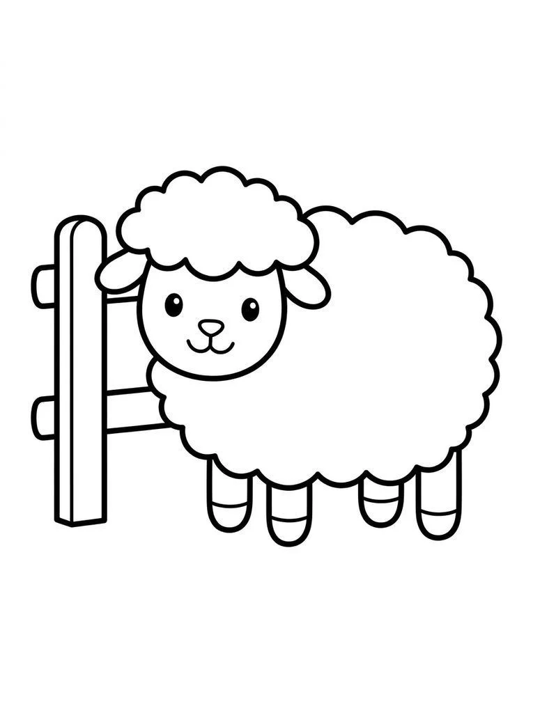 Lamb coloring page with a fluffy outline beside a wooden fence post.