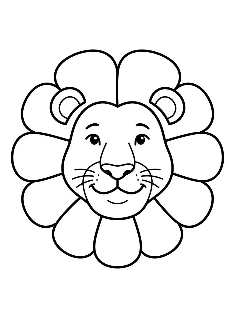 Lion face coloring page with a mane divided into broad petal shapes.