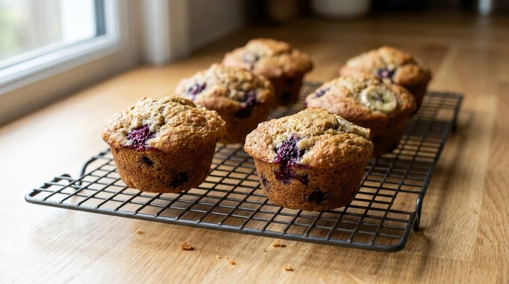 Blackberry and banana breakfast muffins on a cooling rack.