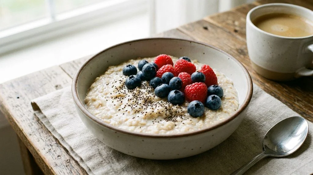 Oatmeal breakfast bowl topped with berries and chia seeds.