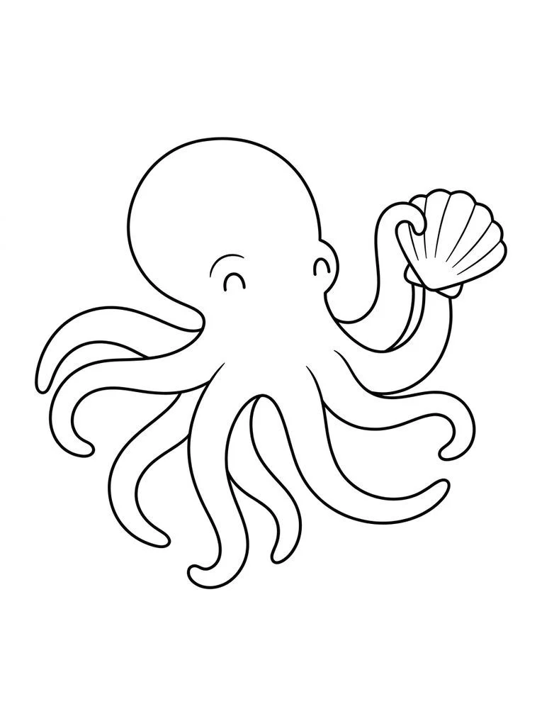 Octopus coloring page with eight arms holding a large seashell.