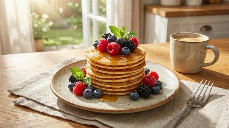 Stack of mini pancakes topped with fresh berries.