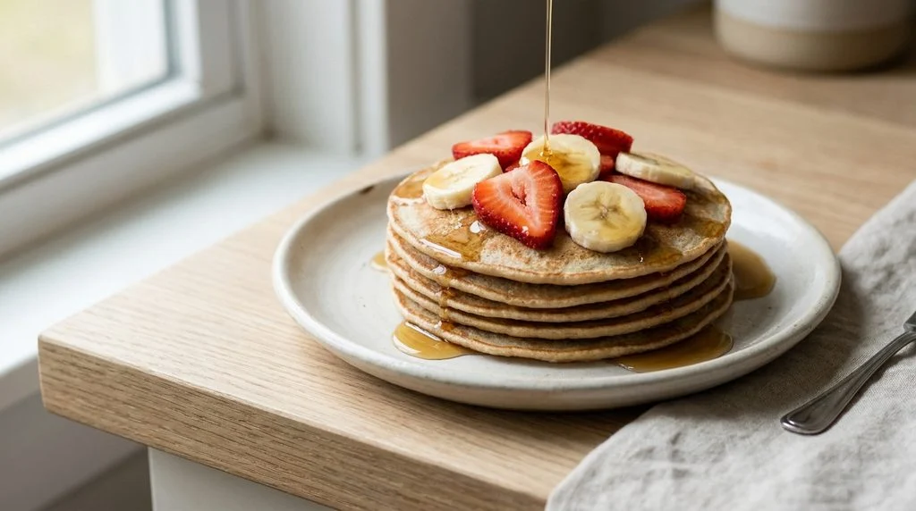 Stack of pancakes topped with strawberries and bananas.