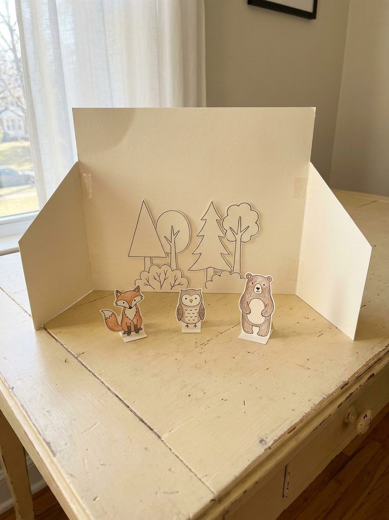Fold-out paper forest theater with three animal characters on folded standing feet.