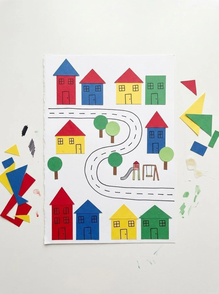 Paper town made from geometric houses, circular trees, and a drawn road.
